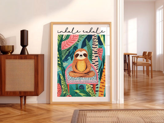 Inhale Exhale meditating sloth art print with colorful tropical jungle leaves wall art poster.