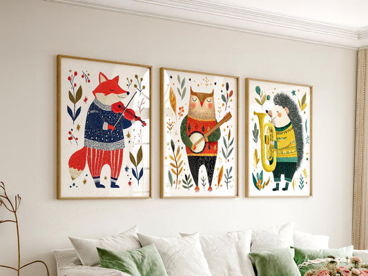 Woodland Animal Musician Print Set of 3 – Whimsical – nursery wall art for baby room
