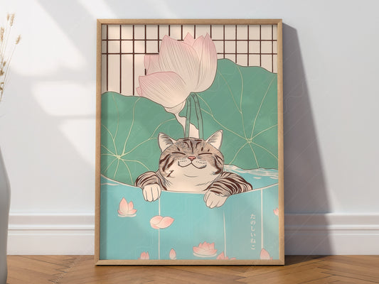 Japanese Cat Print, Minimalist Zen Wall Art