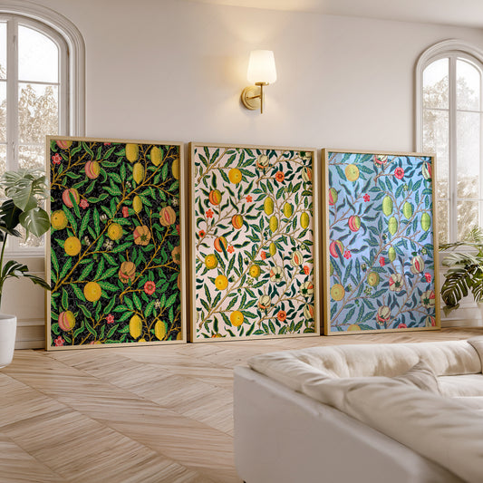 William Morris Fruit Pomegranate Set of wall art print displayed in a bright modern living room