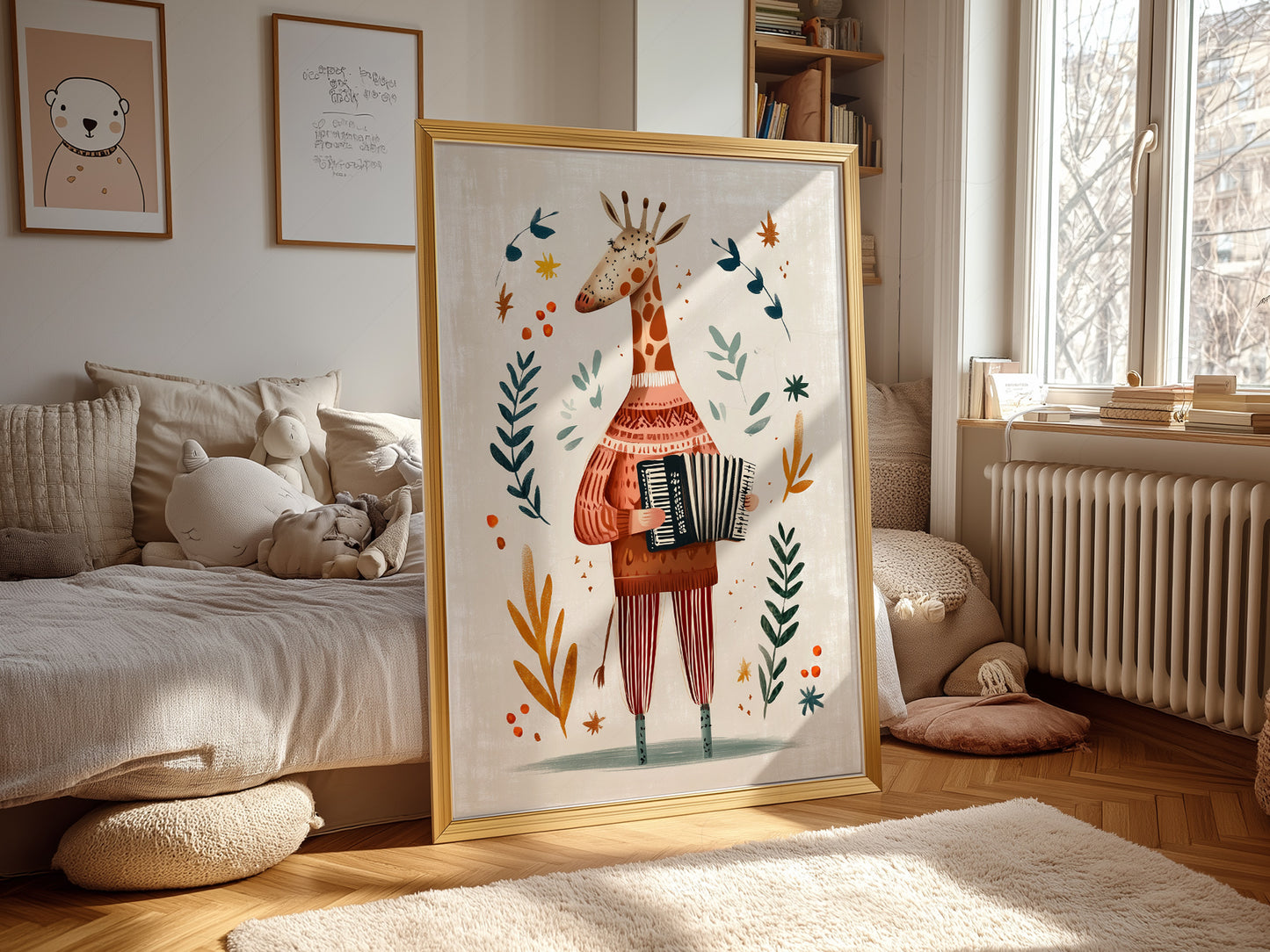 A vertical art print of a whimsical giraffe standing in the center. The giraffe has its eyes closed and is wearing a red patterned sweater, red and white striped pants, and blue socks. It is playing a black and white accordion. The background is cream with various stylized leaves in teal and gold, along with small red berries and stars.