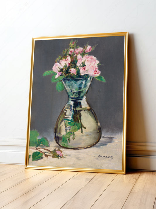Édouard Manet Moss Roses in a Vase art print featuring pink roses in a glass vase with soft Impressionist brushwork.