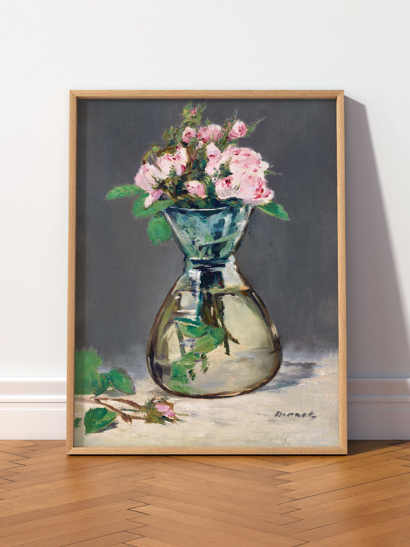 Édouard Manet Moss Roses in a Vase wall art print displayed in a bright modern living room