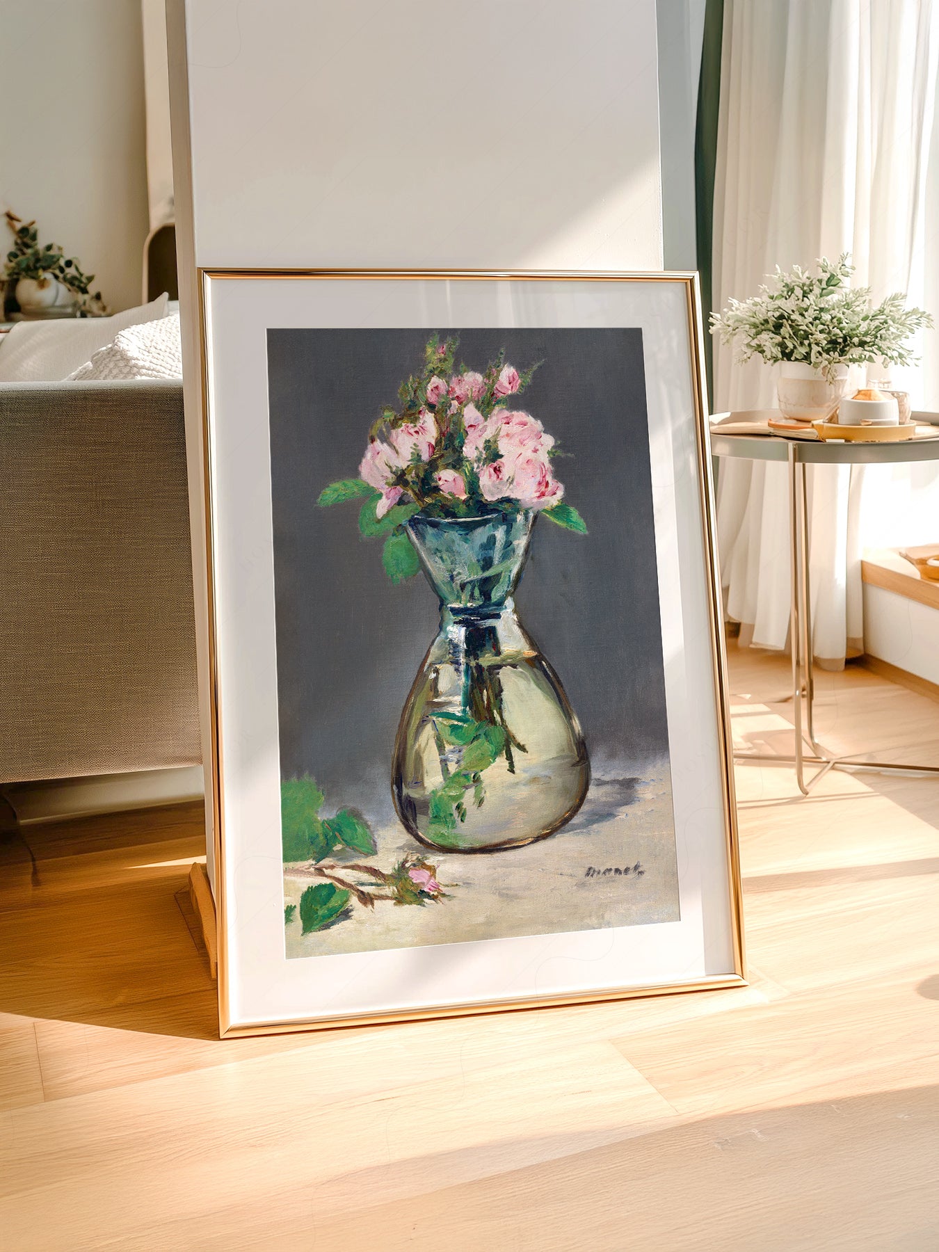 Édouard Manet Moss Roses in a Vase styled in a Scandinavian bedroom