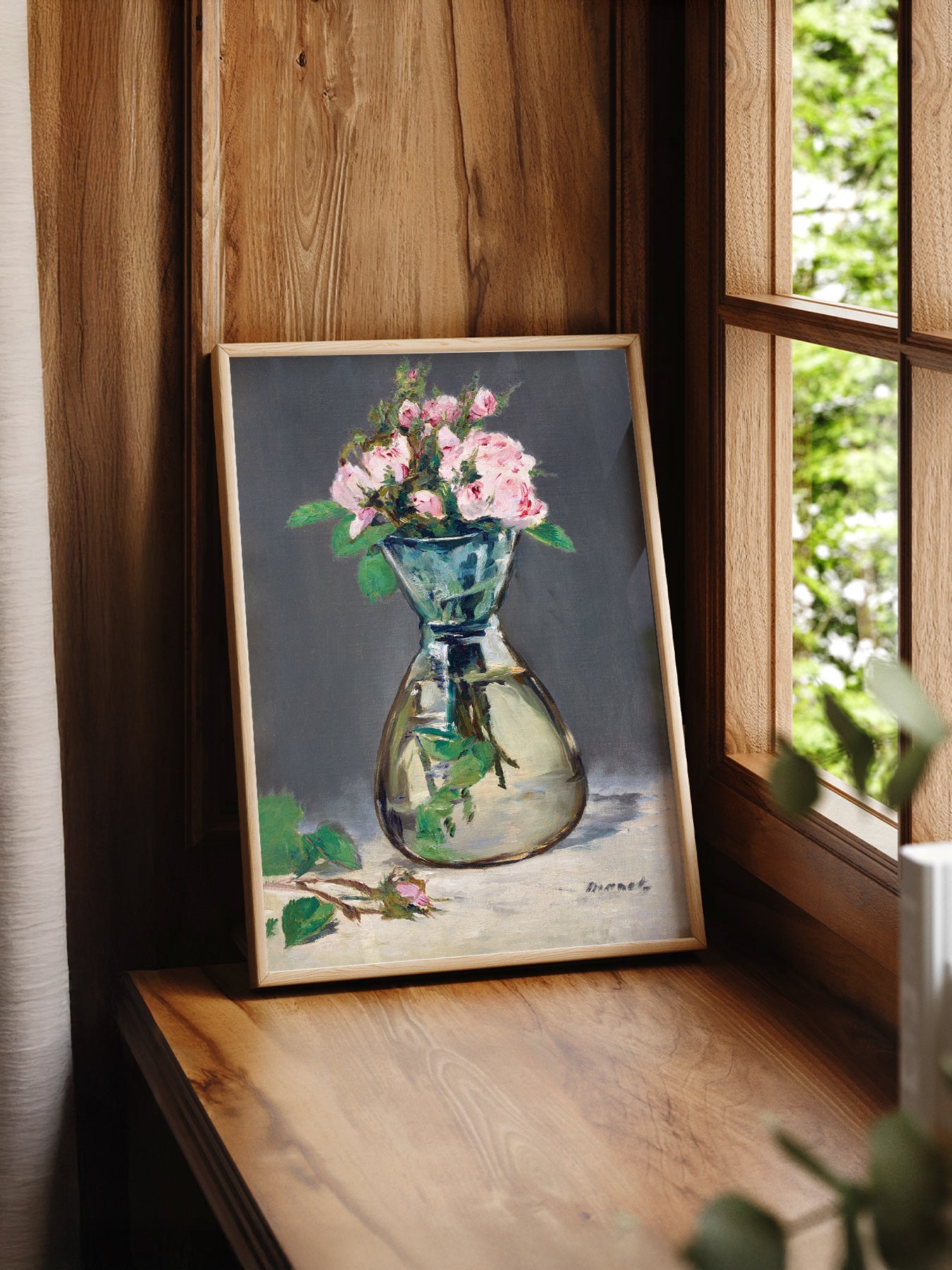 Édouard Manet Moss Roses in a Vase print styled in a mid-century modern dining room