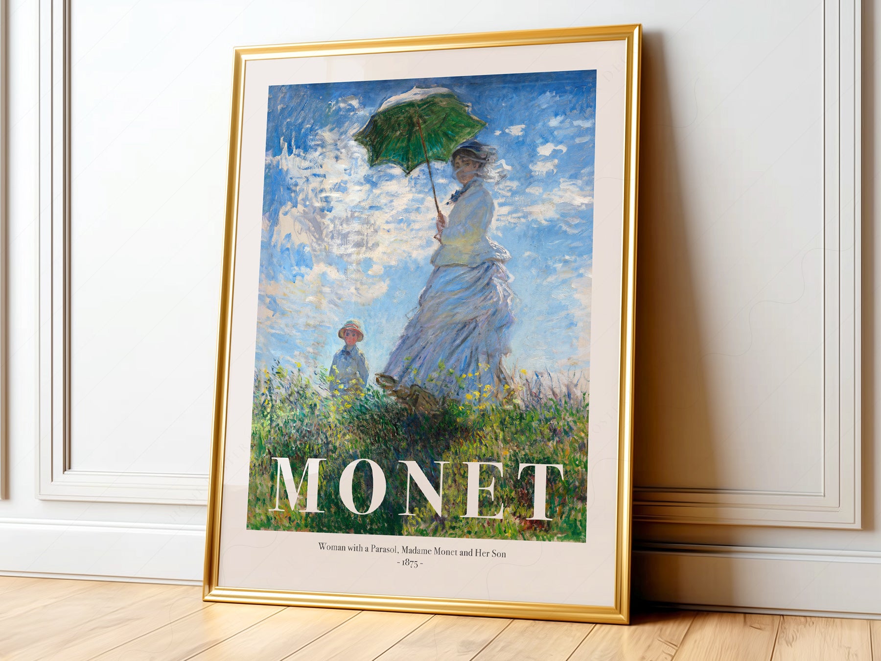 Claude Monet Woman with a Parasol Impressionist wall art print featuring Madame Monet and her son on a hillside.