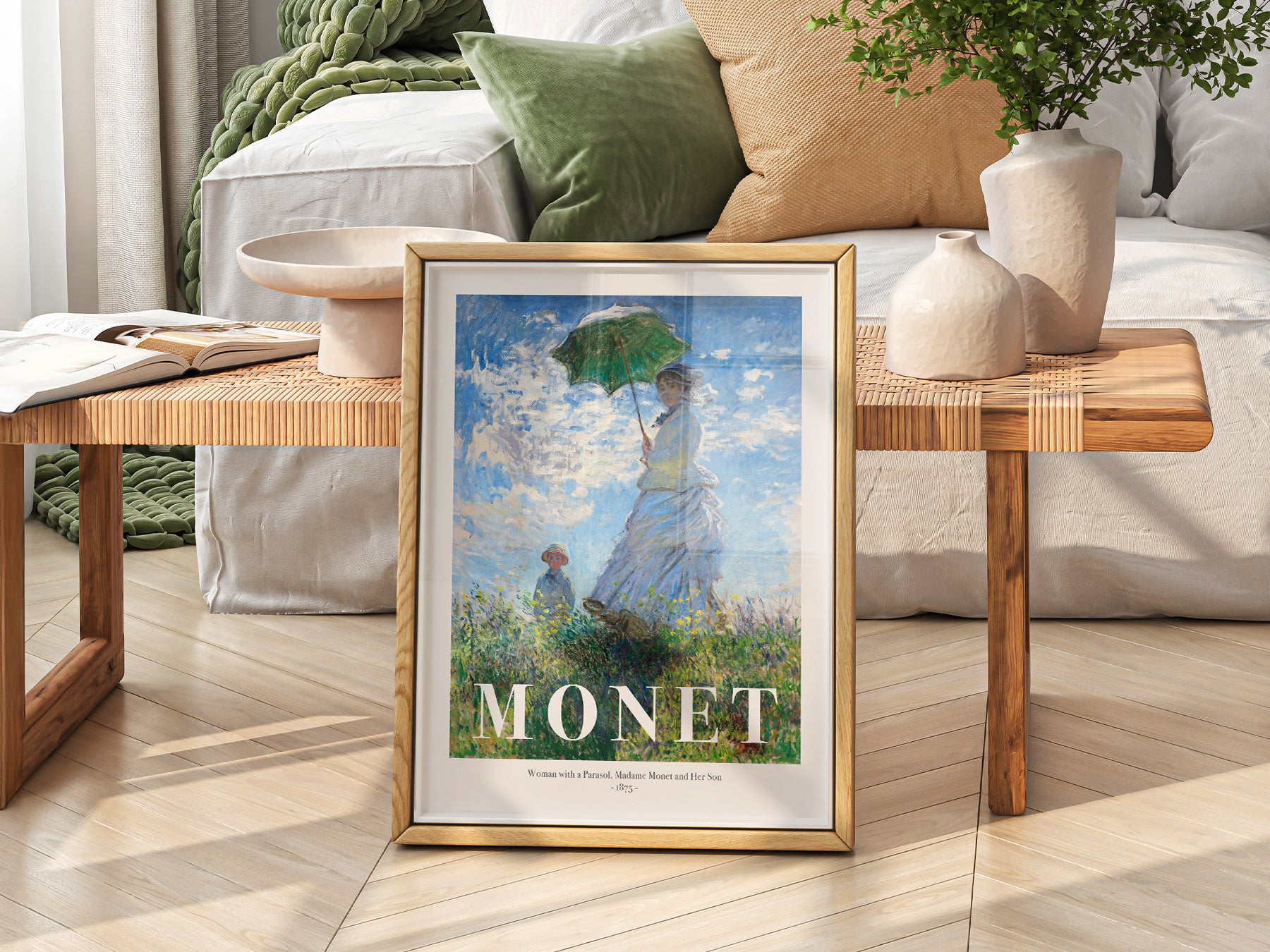 Claude Monet Woman with a Parasol print styled in a mid-century modern dining room