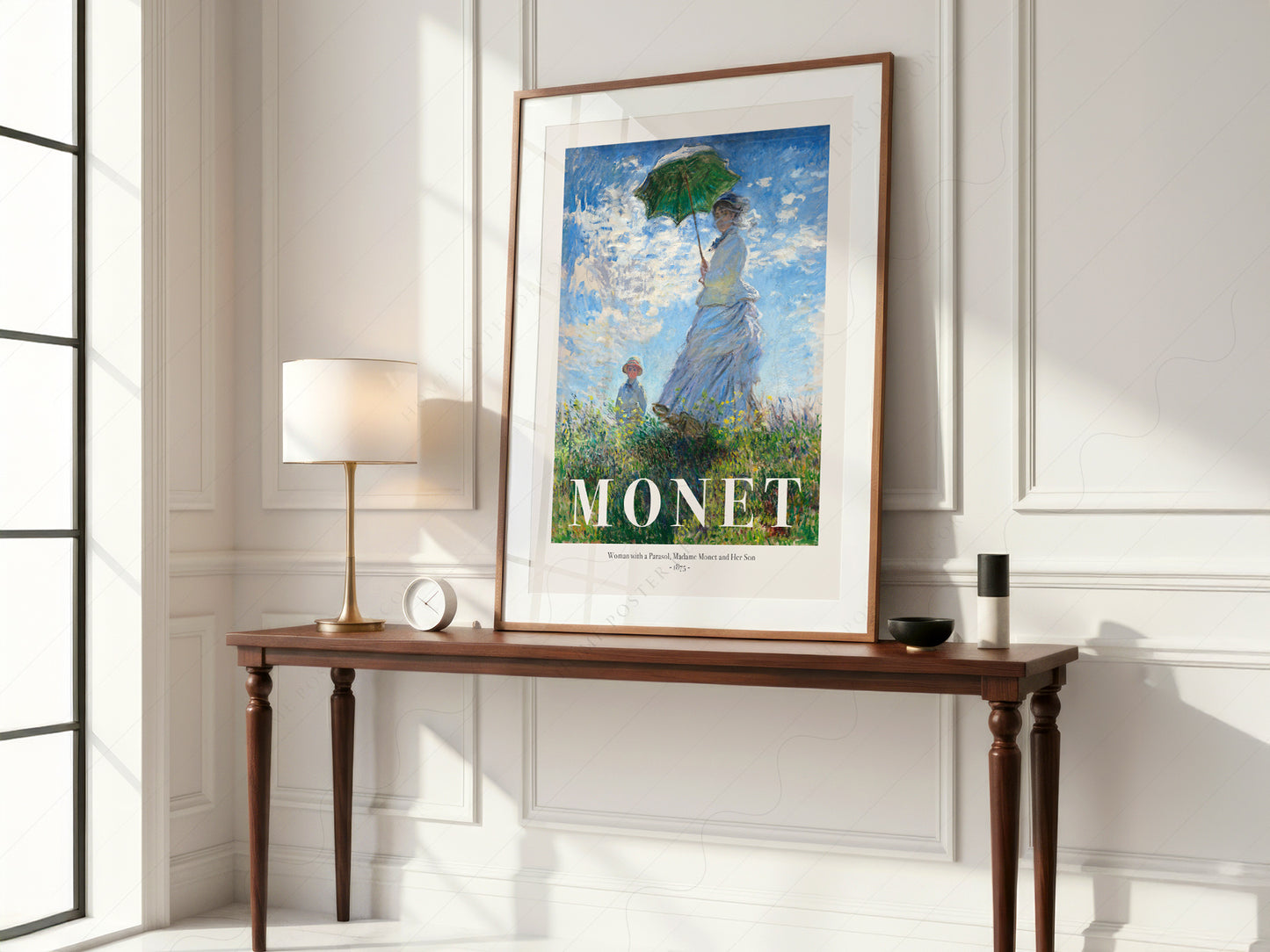 Claude Monet art print as wall decor in a minimalist home office