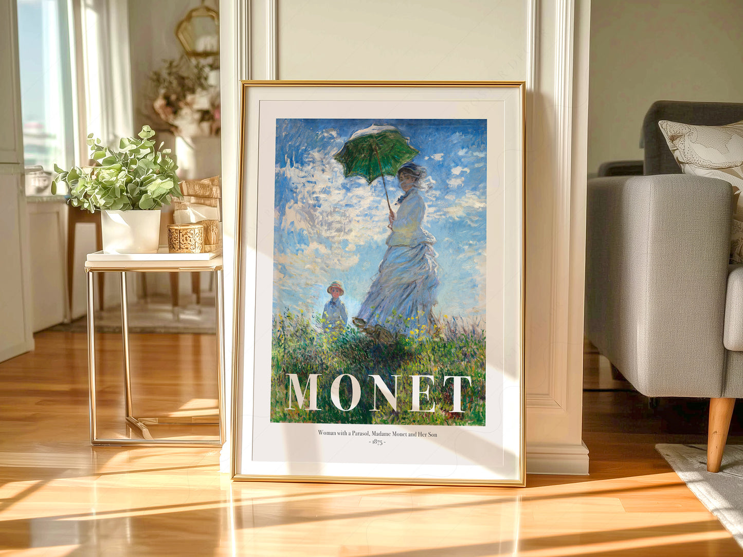 Claude Monet art print styled in a Scandinavian bedroom
