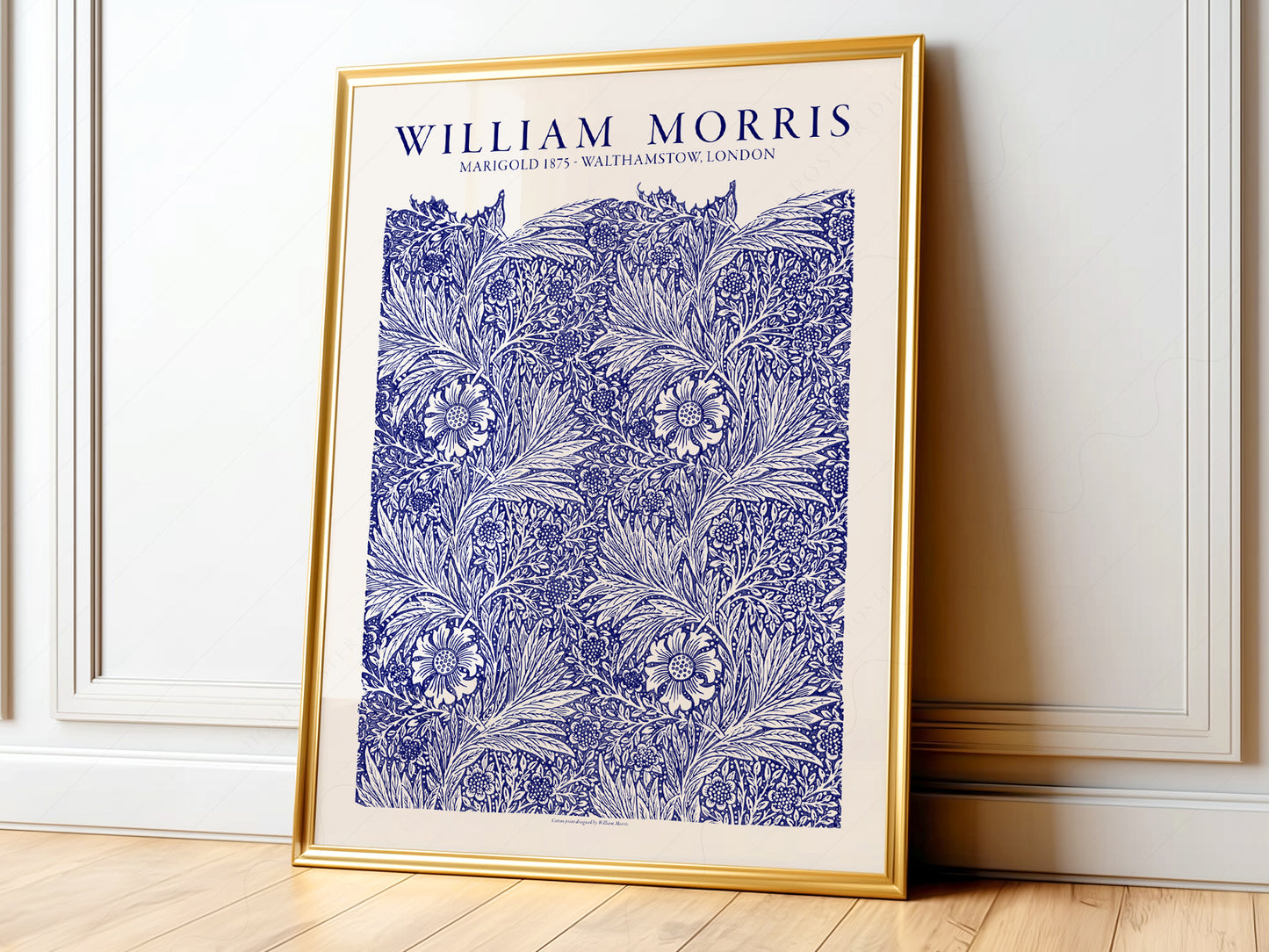William Morris Marigold 1875 art print featuring intricate blue botanical floral pattern wall art.