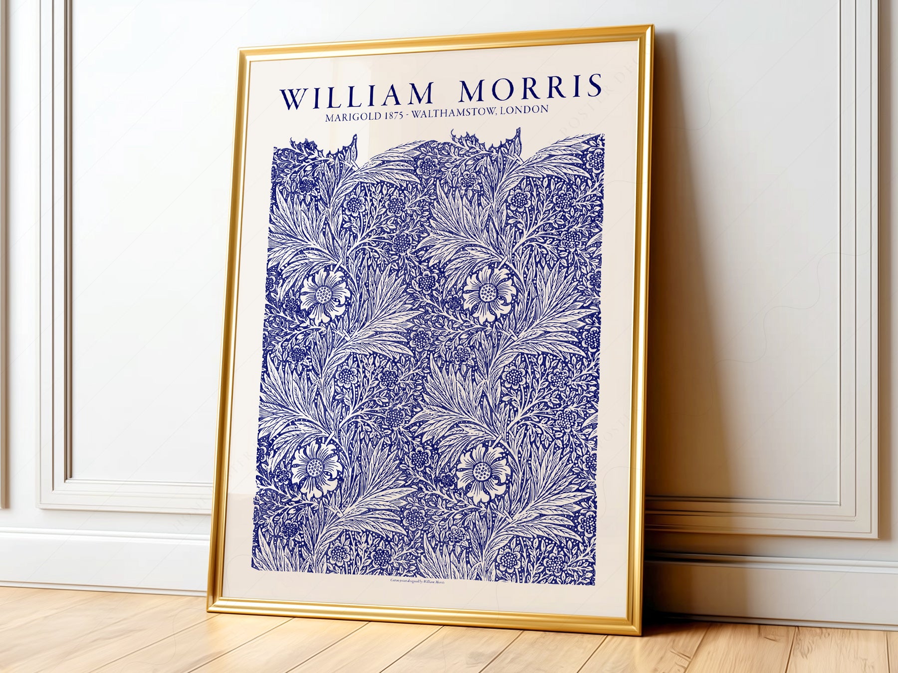 William Morris Marigold 1875 art print featuring intricate blue botanical floral pattern wall art.