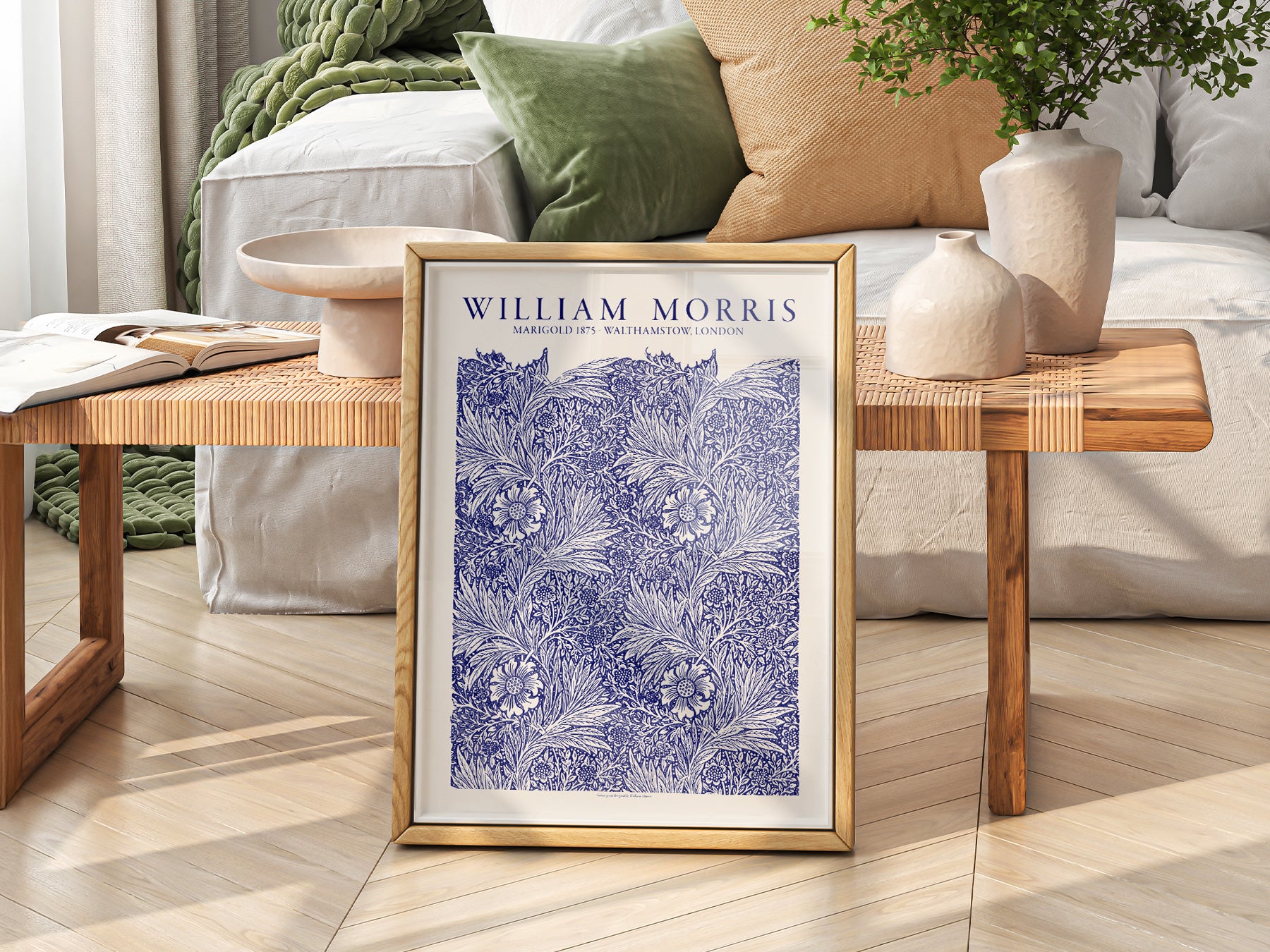 William Morris art print as wall decor in a minimalist home office