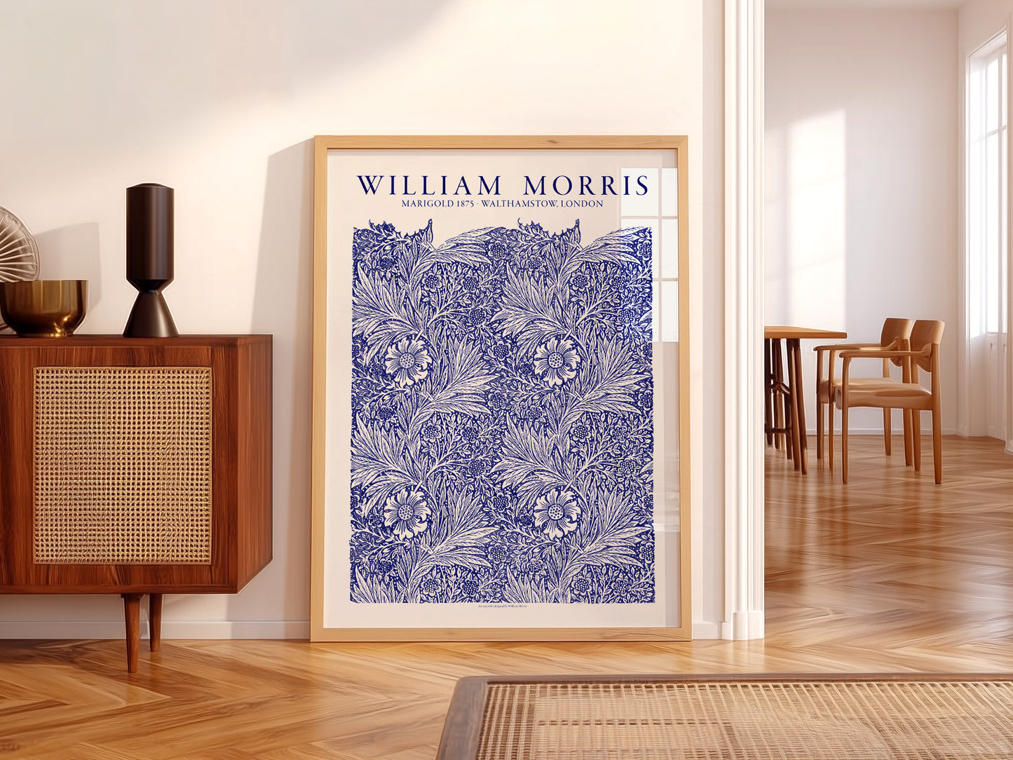 William Morris art print styled in a Scandinavian bedroom