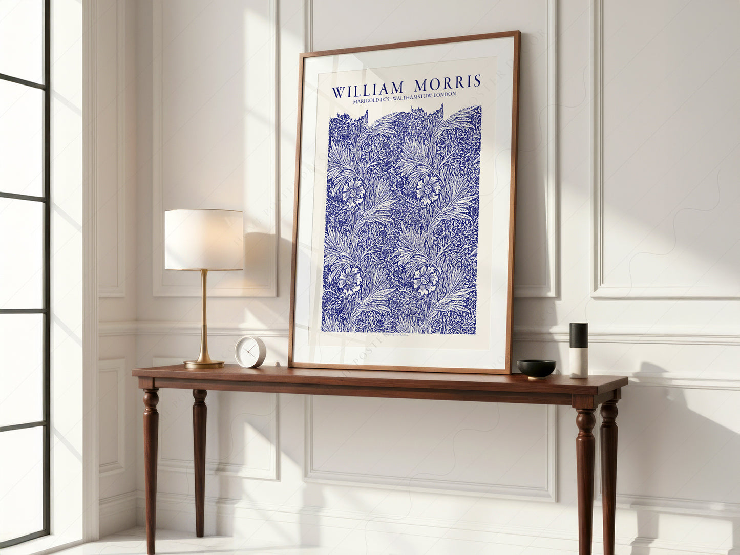 William Morris Marigold wall art print displayed in a bright modern living room