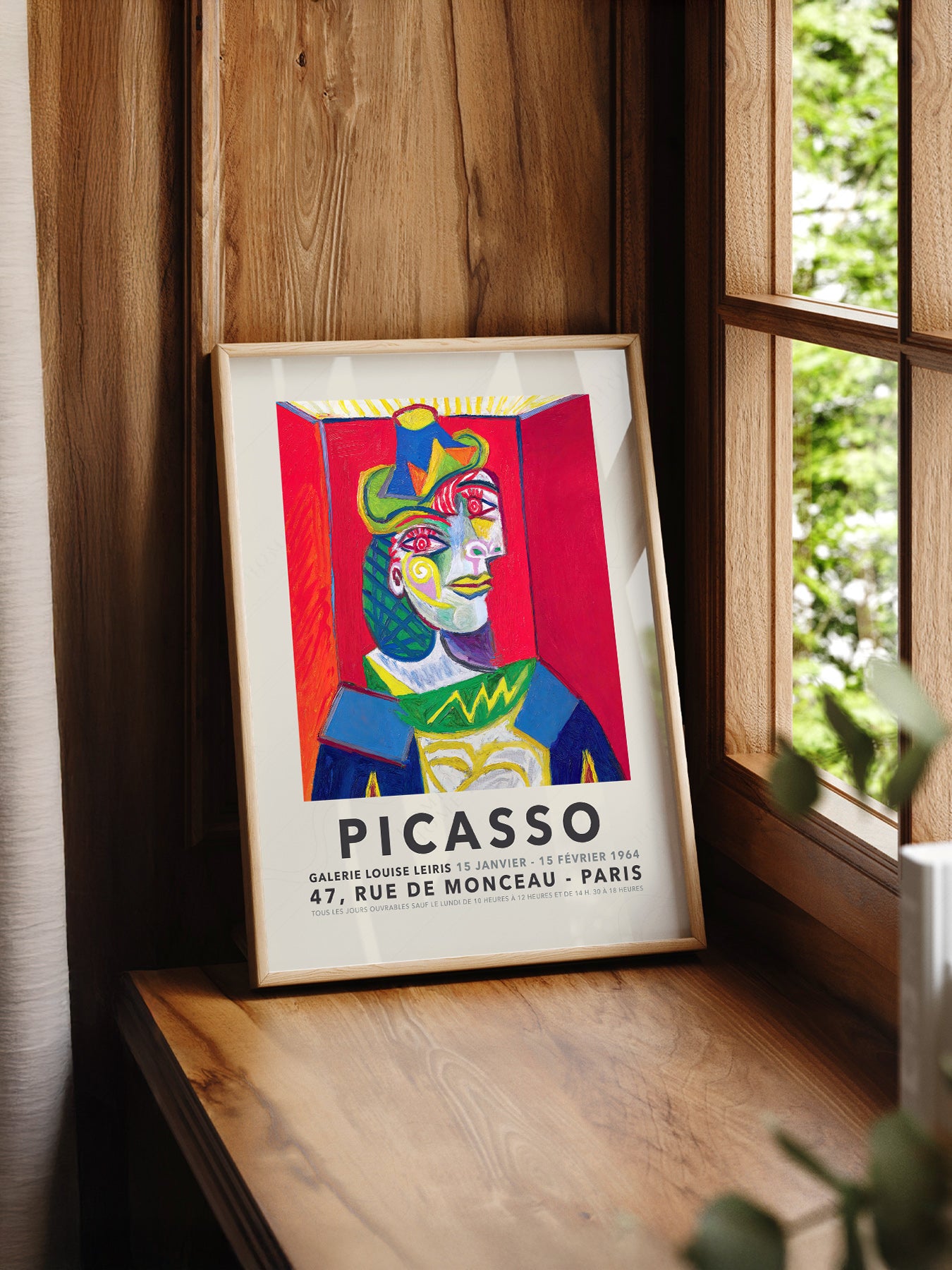 Pablo Picasso Buste de Femme 1938 print styled in a mid-century modern dining room