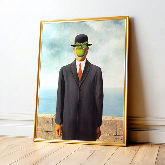 René Magritte The Son of Man surrealist art print featuring a man in bowler hat with green apple covering his face.