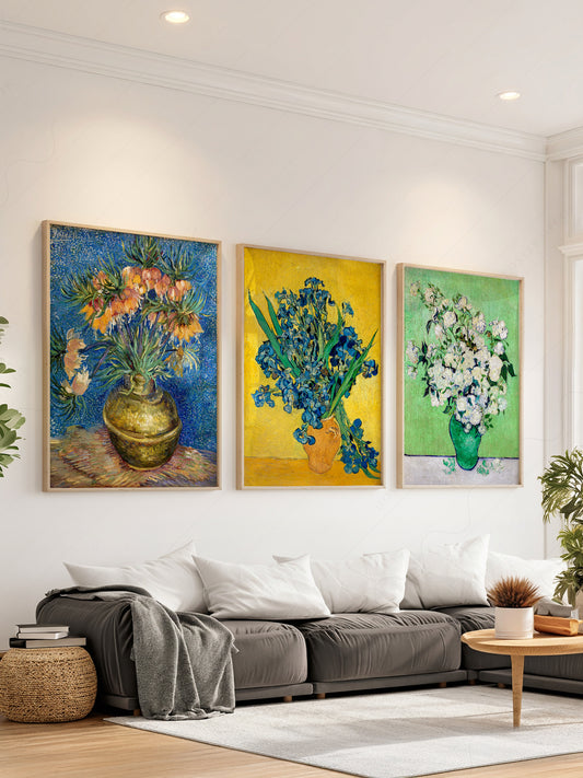 Vincent Van Gogh set of 3 floral art prints featuring Imperial Fritillaries, Irises, and Roses in vibrant Post-Impressionist style.