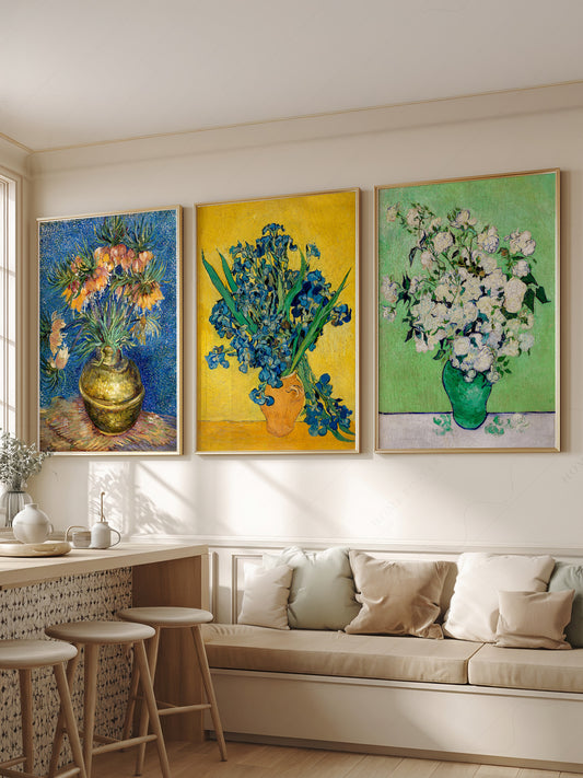 Vincent Van Gogh Flowers Set of 3 Prints wall art print displayed in a bright modern living room