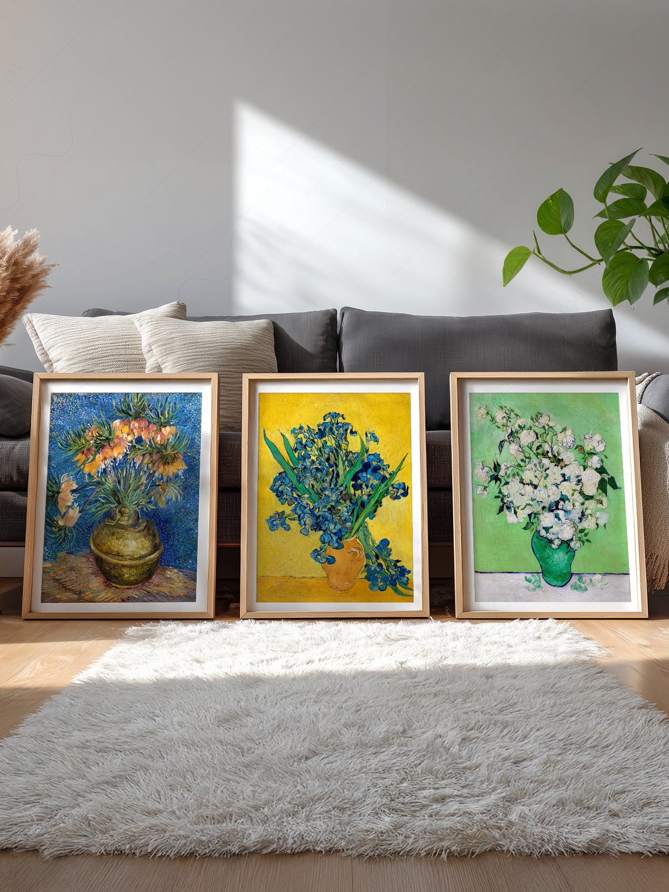 Gallery wall featuring Vincent Van Gogh Flowers Set of 3 Prints fine art print