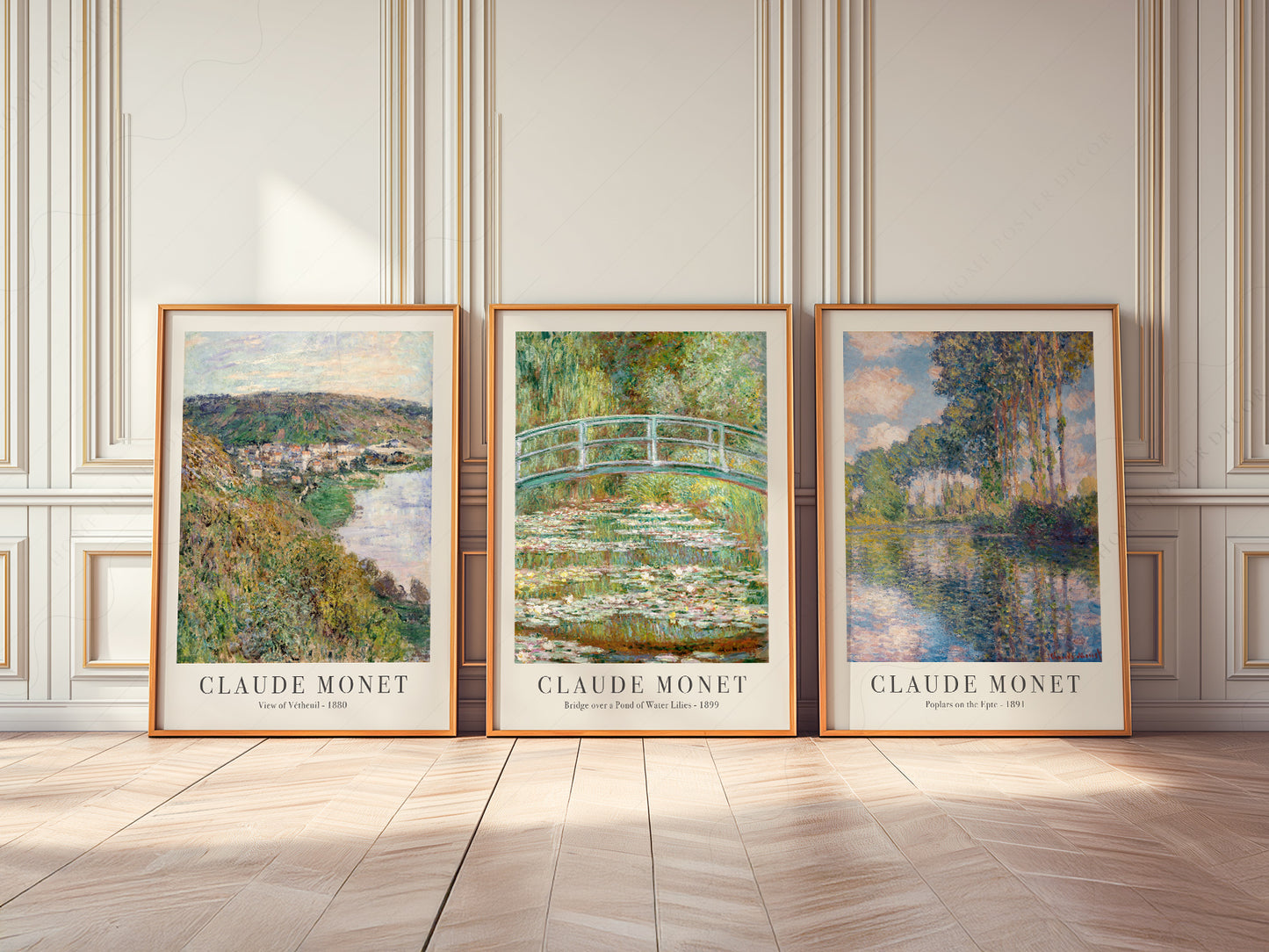 Claude Monet Set of 3 Prints, Bridge Over a Pond, Water Lilies, View of Vetheuil, Poplars on the Epte