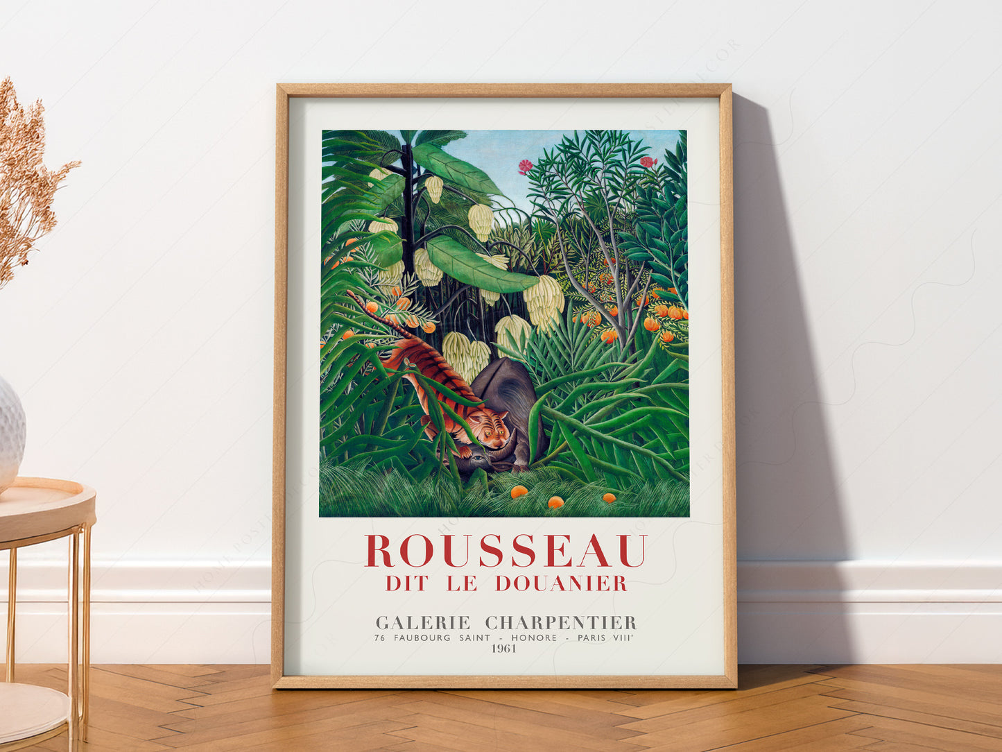 Henri Rousseau art print as wall decor in a minimalist home office