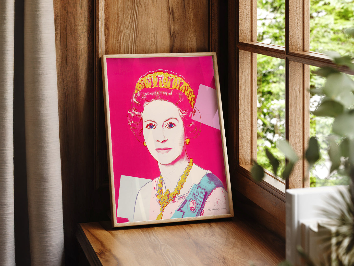 Andy Warhol Queen Elizabeth II Pop in a light-filled Japandi-inspired living space