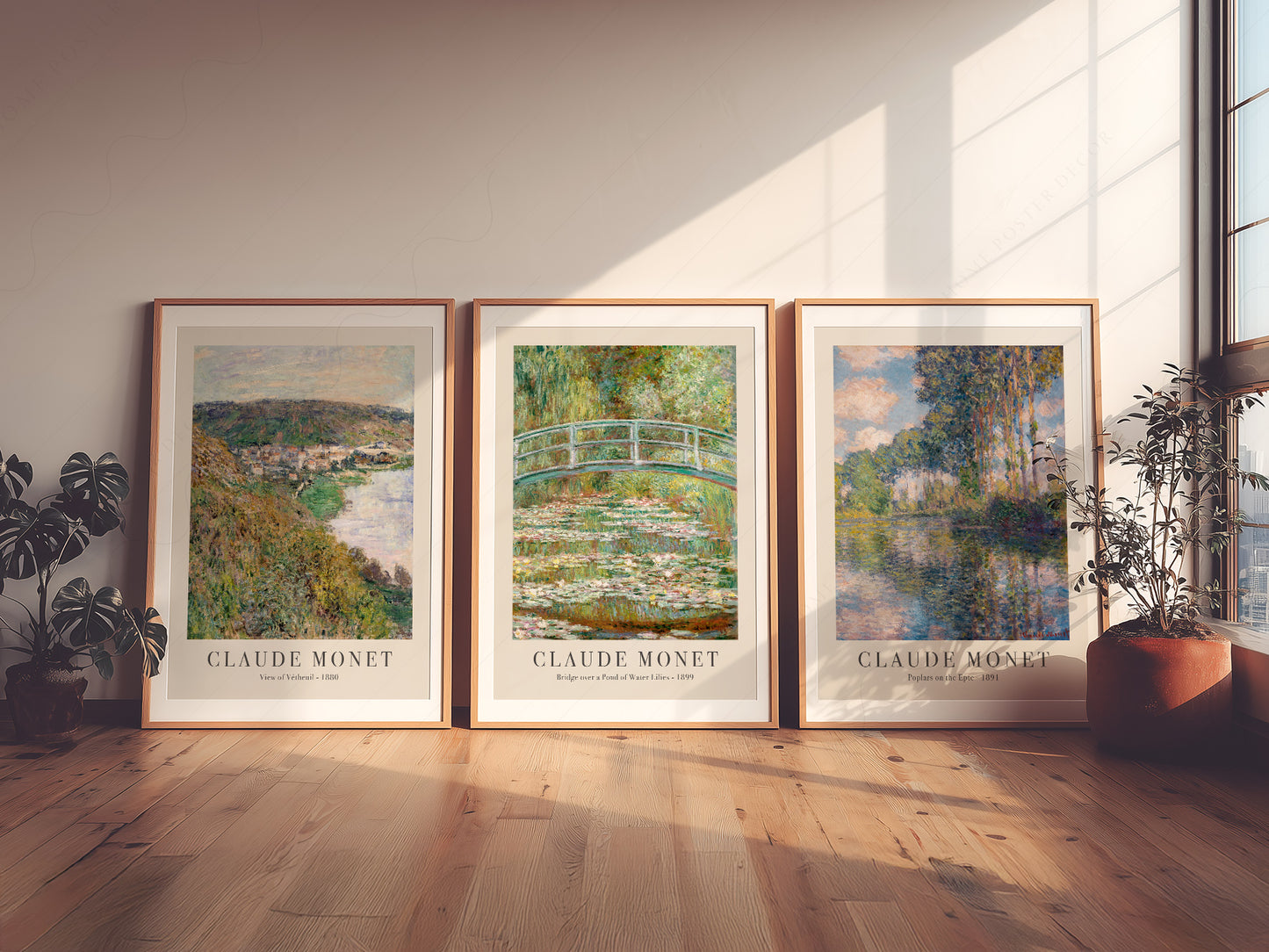 Claude Monet Set of 3 Prints, Bridge Over a Pond, Water Lilies, View of Vetheuil, Poplars on the Epte