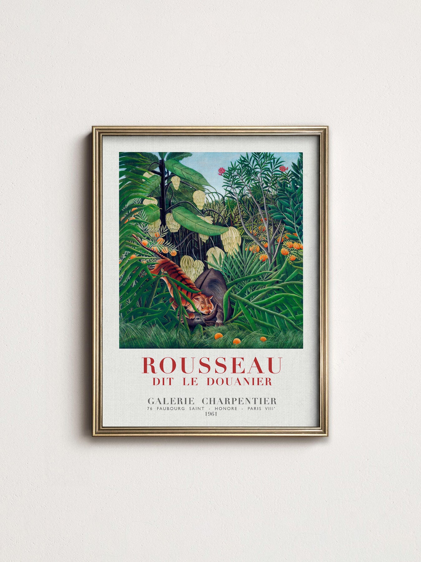 Multiple size options for Henri Rousseau Tiger in a Tropical Storm wall art print display