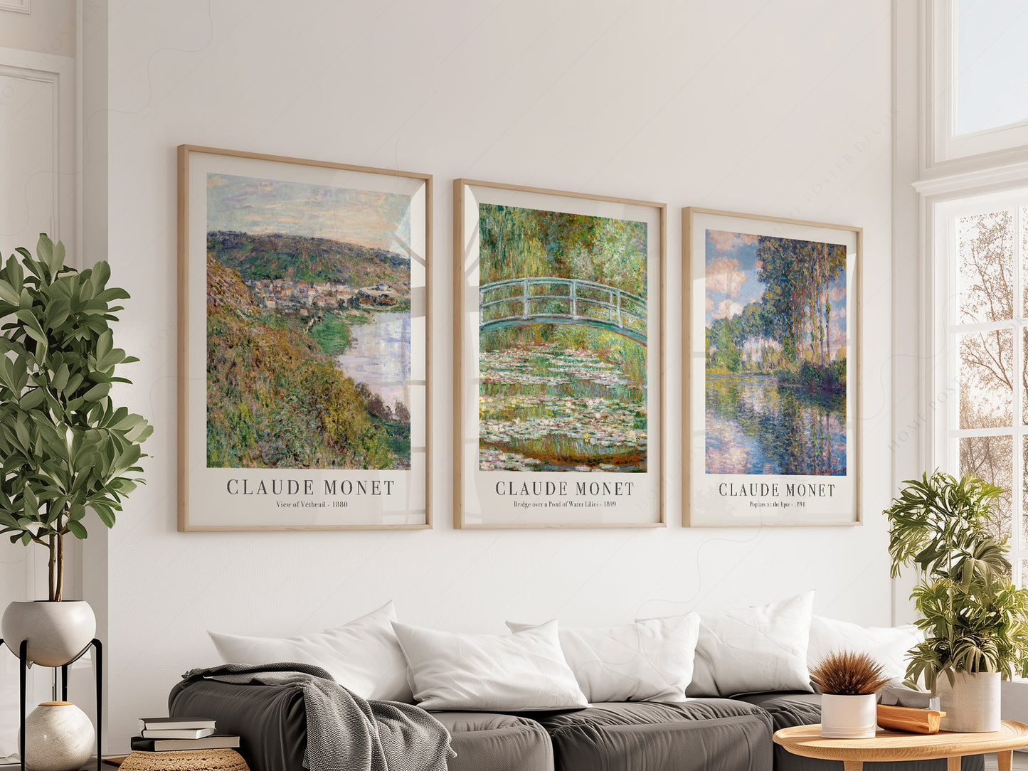 Claude Monet Set of 3 Prints, Bridge Over a Pond, Water Lilies, View of Vetheuil, Poplars on the Epte