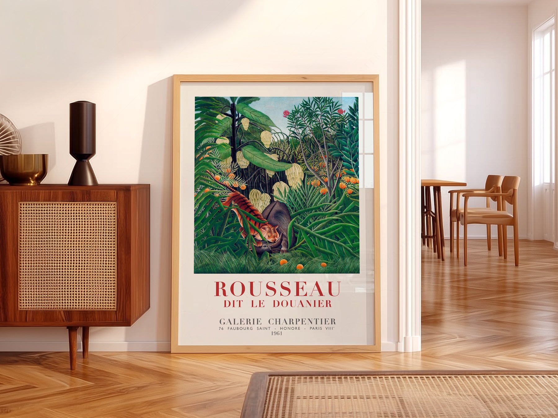 Henri Rousseau Tiger in a Tropical Storm wall art print displayed in a bright modern living room