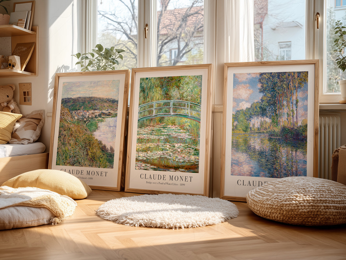 Claude Monet Set of 3 Prints, Bridge Over a Pond, Water Lilies, View of Vetheuil, Poplars on the Epte