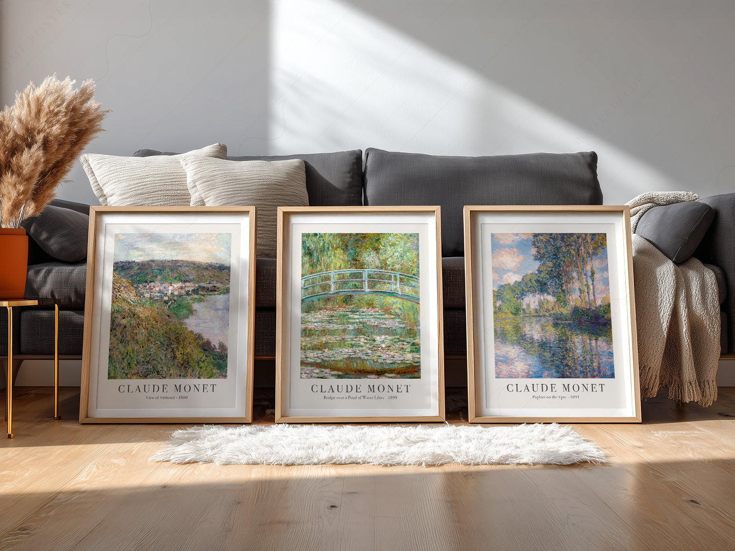 Claude Monet Set of 3 Prints, Bridge Over a Pond, Water Lilies, View of Vetheuil, Poplars on the Epte