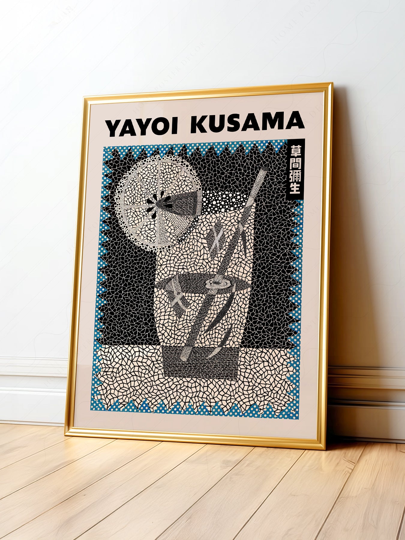 Yayoi Kusama cocktail art print with intricate black and white mosaic pattern and blue dot accents wall art.