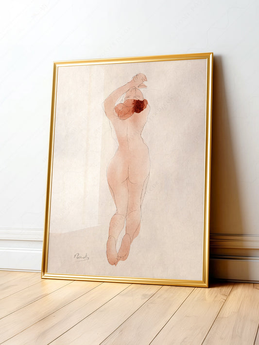 Auguste Rodin female nude watercolor study art print with soft lines and warm tones.