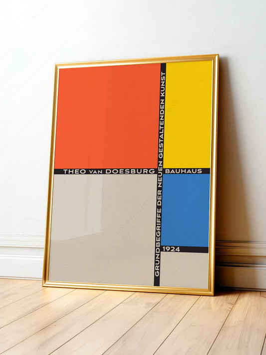 Theo van Doesburg Bauhaus 1924 wall art poster featuring geometric blocks in red, yellow, blue, and cream with De Stijl typography.
