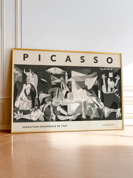 Pablo Picasso Guernica exhibition poster featuring the iconic 1937 Cubist masterpiece in black and white wall art.
