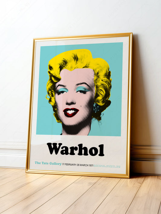 Andy Warhol Marilyn Monroe pop art print featuring bold yellow hair on turquoise background from Tate Gallery exhibition.