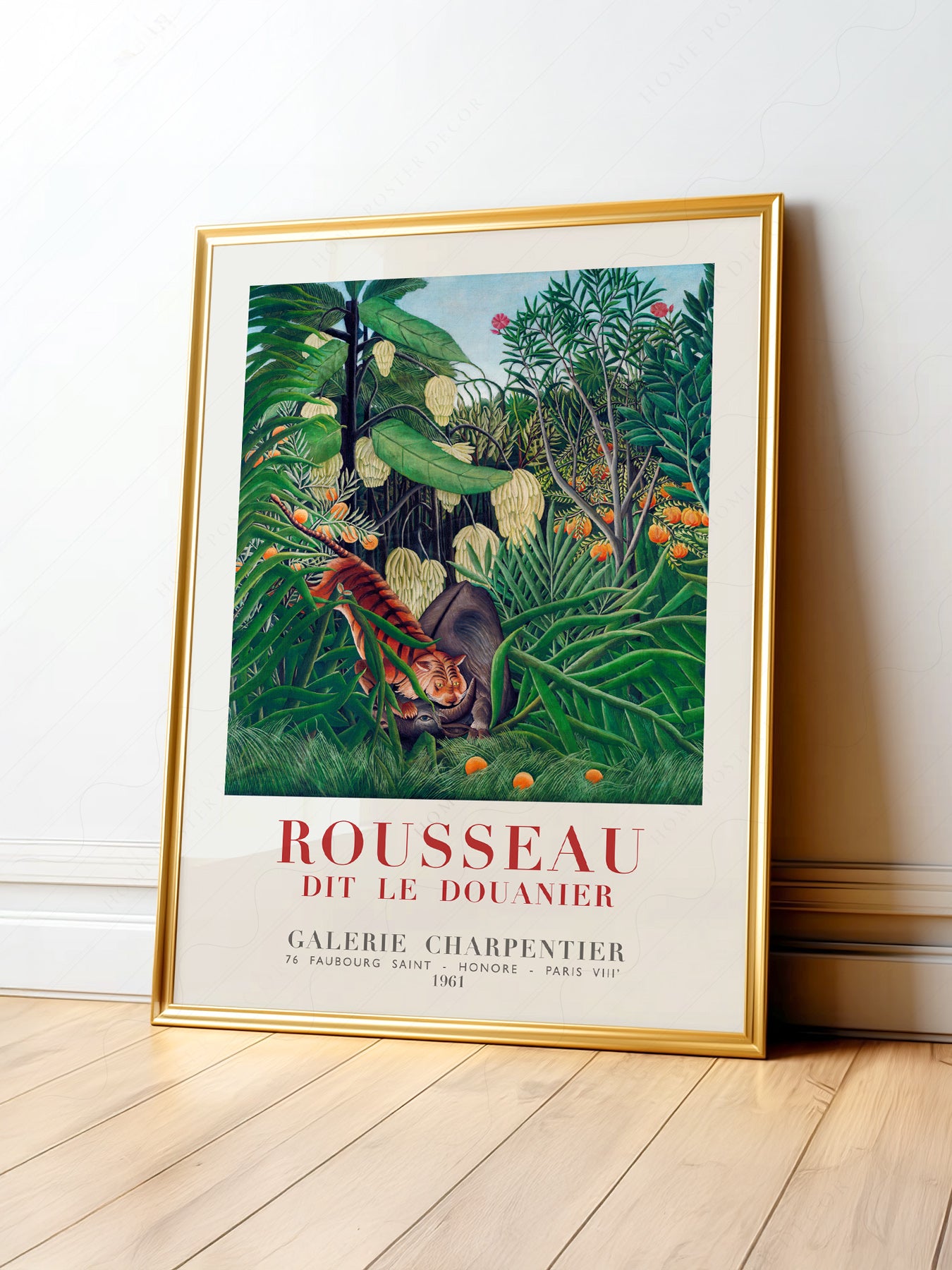 Henri Rousseau tiger jungle exhibition poster wall art featuring lush tropical foliage and prowling tiger.