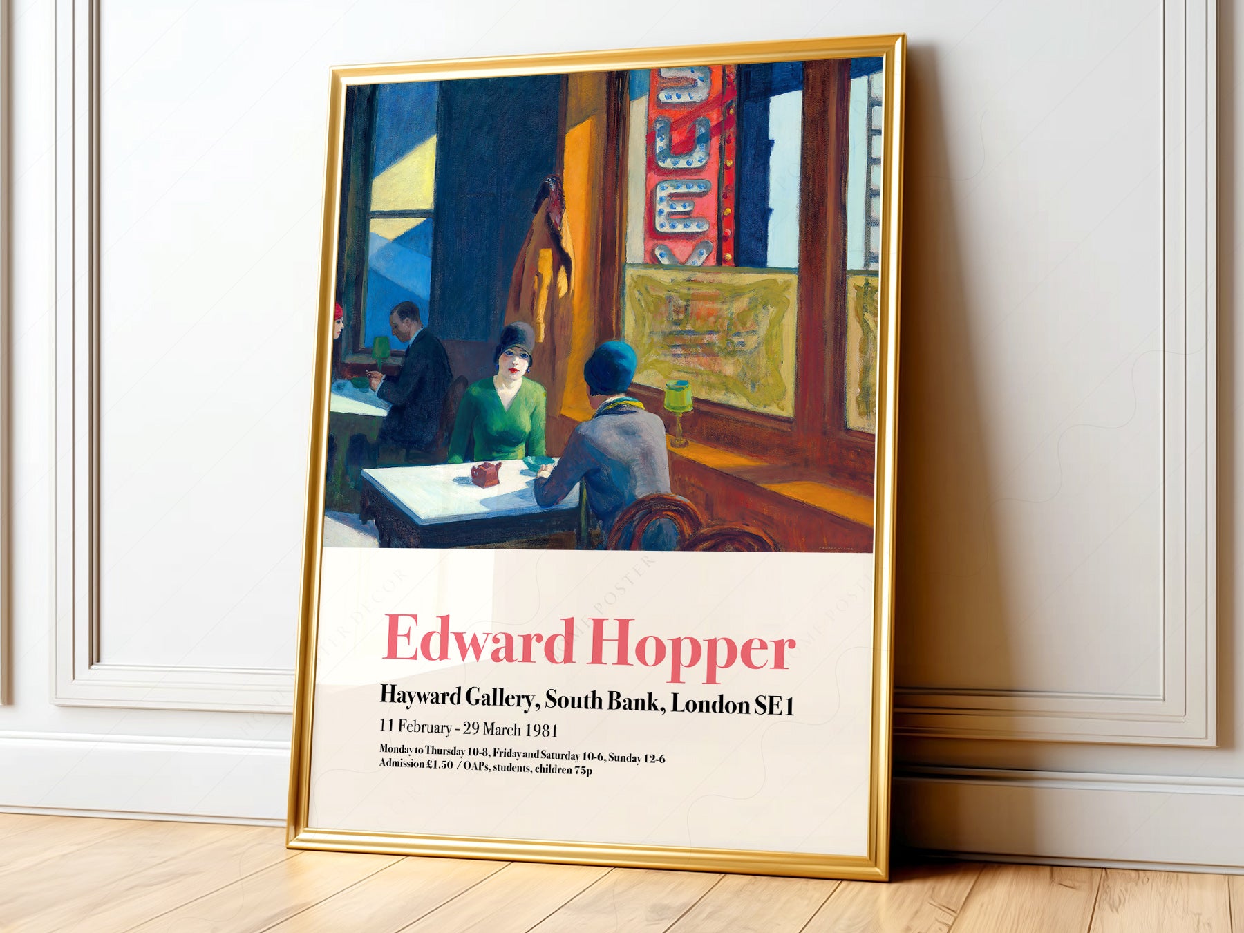 Edward Hopper Chop Suey exhibition poster art print featuring two women in a 1920s New York café with warm light and neon sign.