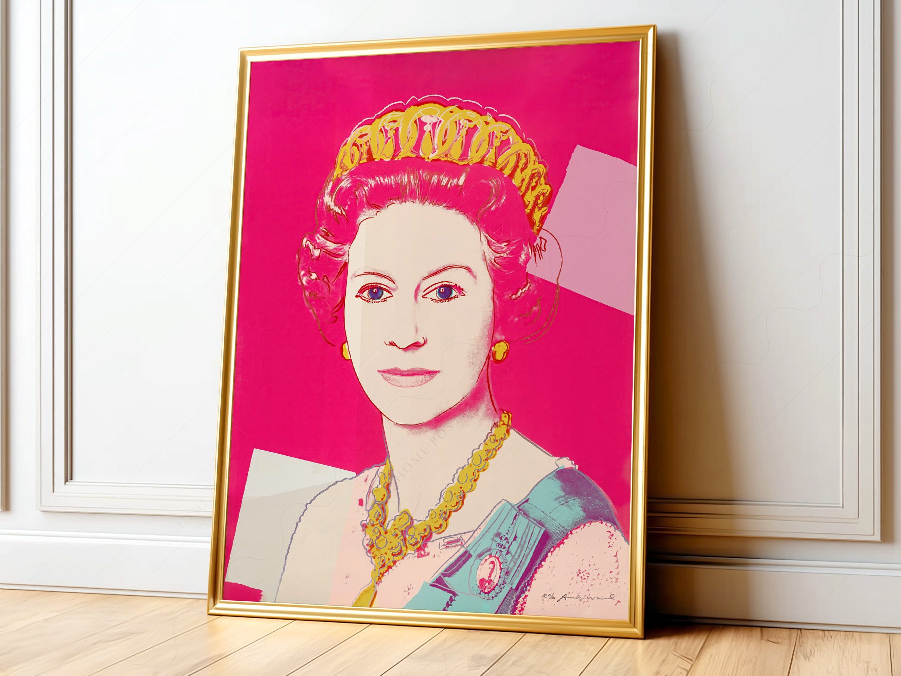 Andy Warhol Queen Elizabeth II pop art print featuring vibrant pink background and bold yellow royal jewels.