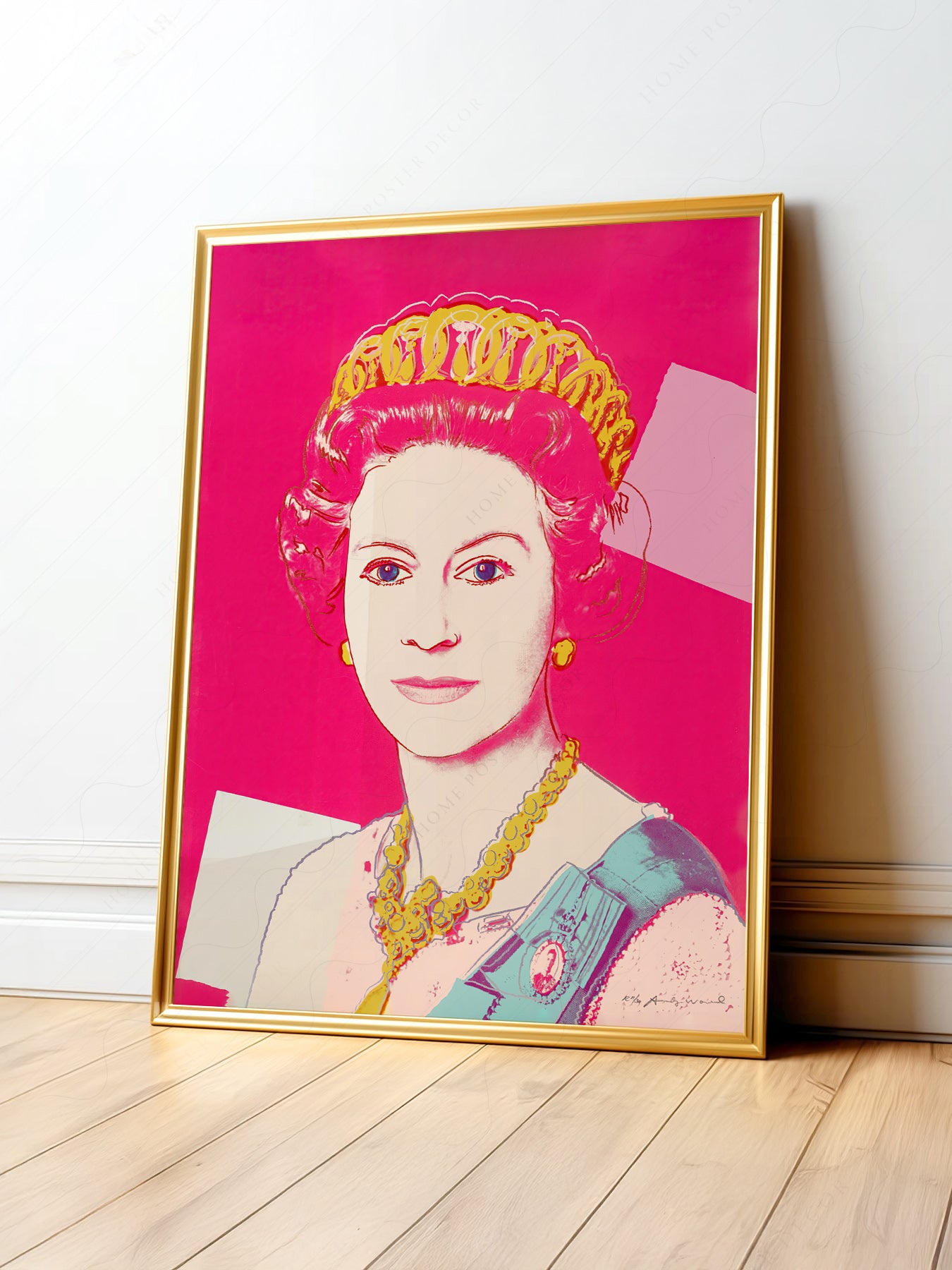 Andy Warhol Queen Elizabeth II pop art print featuring vibrant pink background and bold yellow royal jewels.