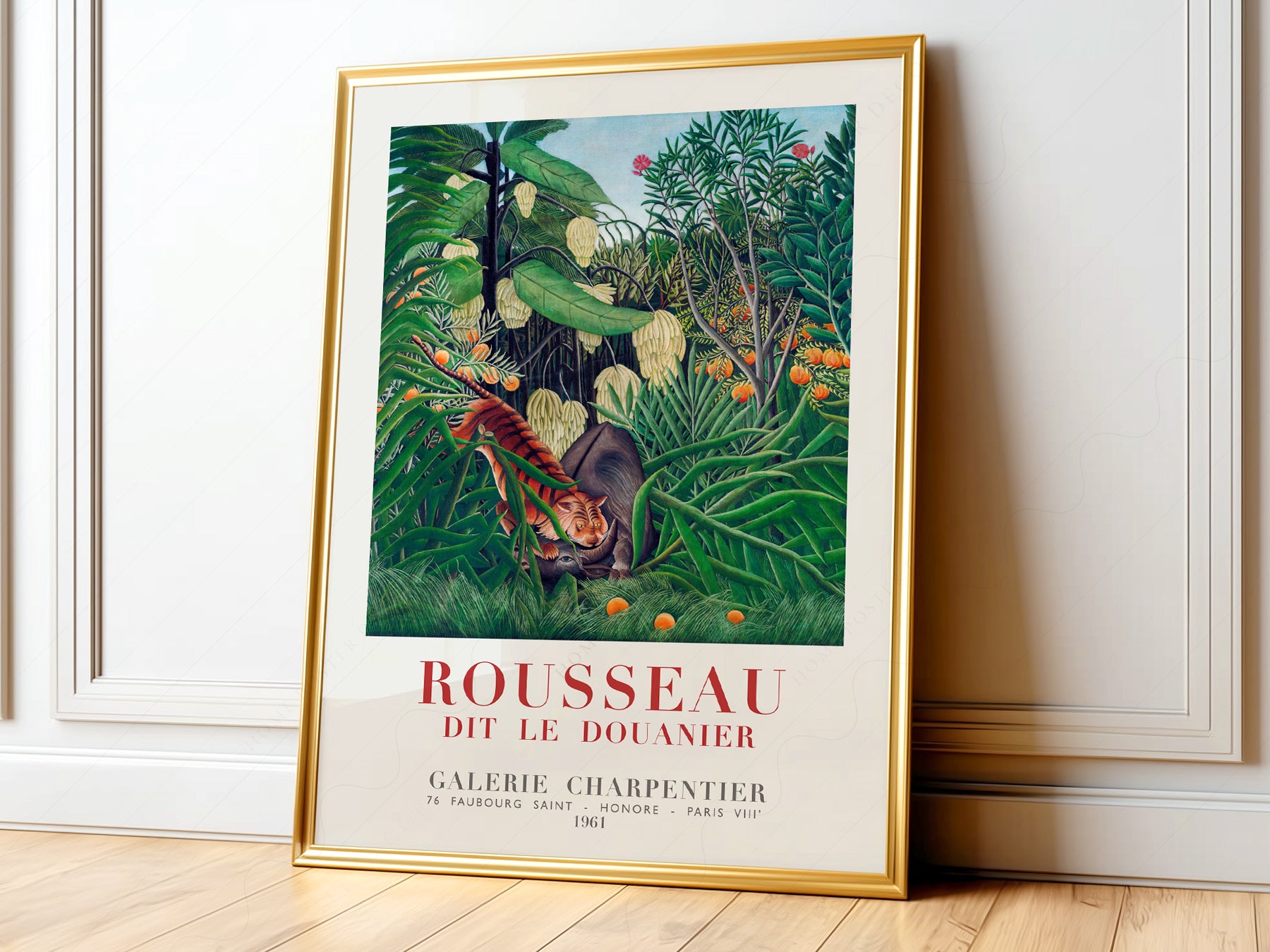 Henri Rousseau tiger jungle exhibition poster wall art featuring lush tropical foliage and prowling tiger.