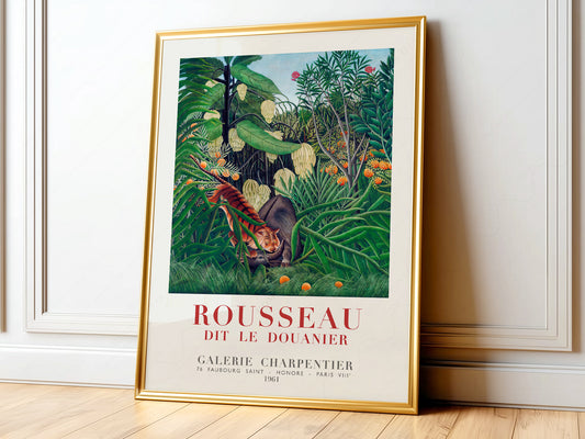 Henri Rousseau tiger jungle exhibition poster wall art featuring lush tropical foliage and prowling tiger.