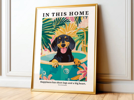Dachshund wall art print featuring a happy black and tan dog in a tropical bathtub with colorful foliage.