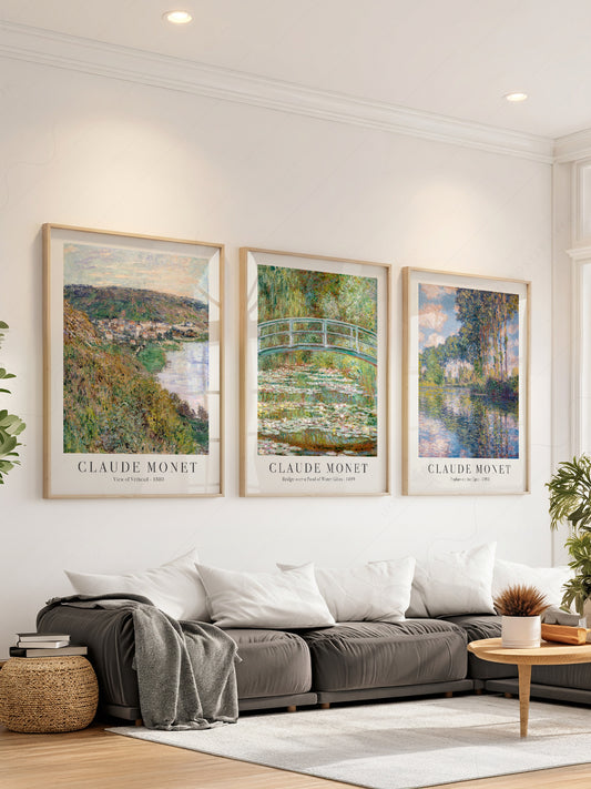 Claude Monet set of 3 wall art prints featuring Water Lilies bridge, Vétheuil landscape, and Poplars Impressionist scenes.