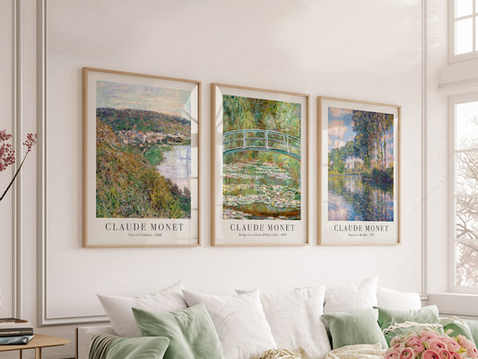 Claude Monet Set of 3 Prints, Bridge Over a Pond, Water Lilies, View of Vetheuil, Poplars on the Epte