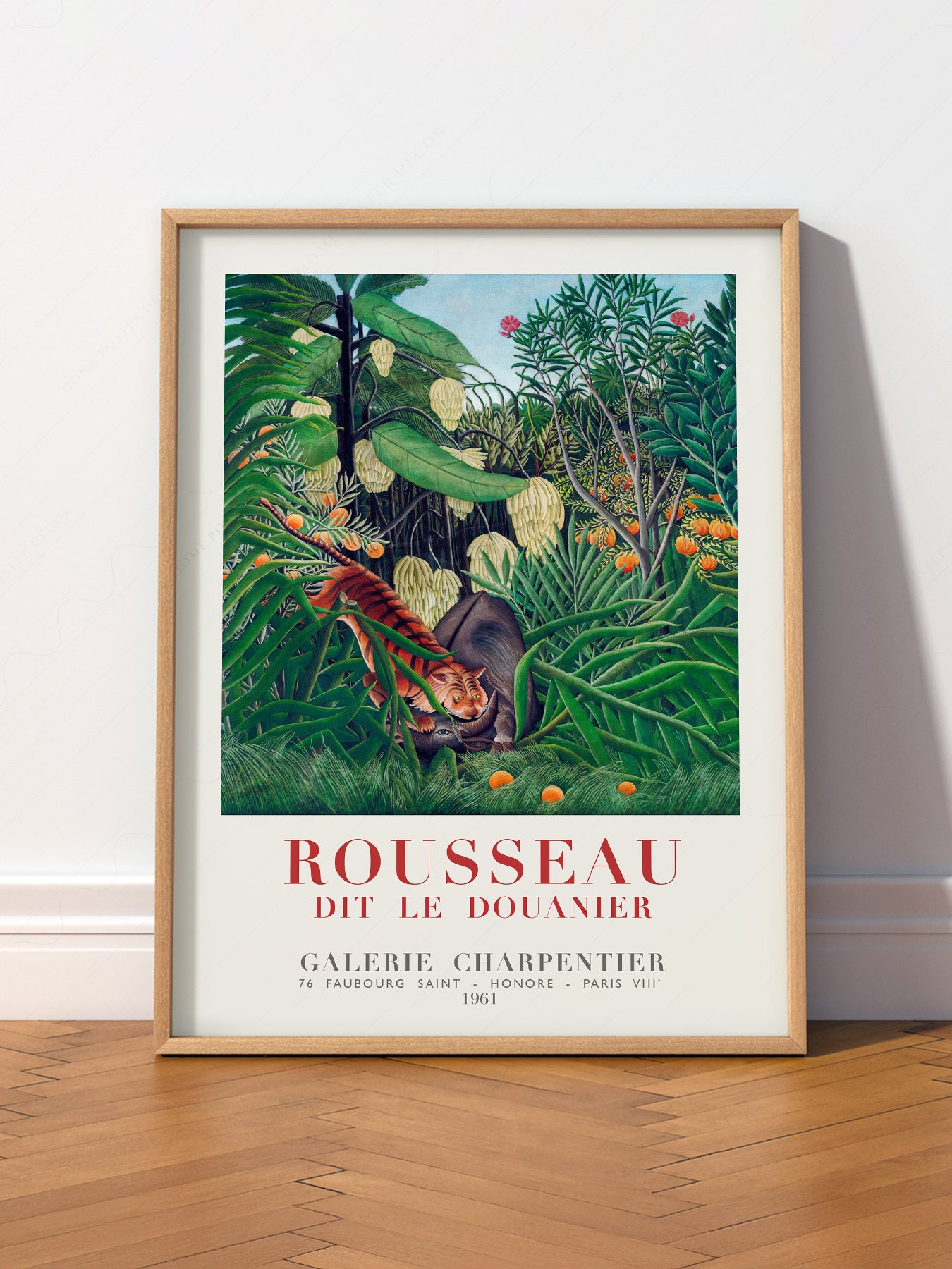 Henri Rousseau Tiger in a Tropical Storm wall art print displayed in a bright modern living room