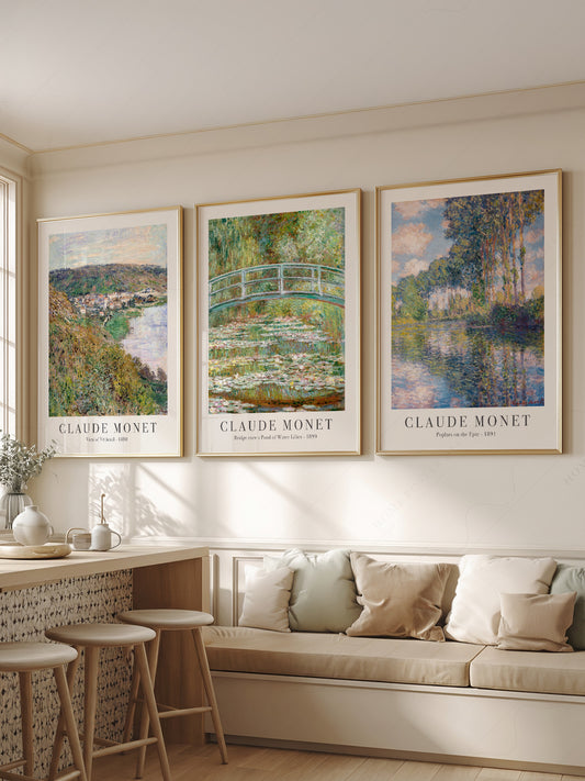 Claude Monet Set of 3 Prints wall art print displayed in a bright modern living room