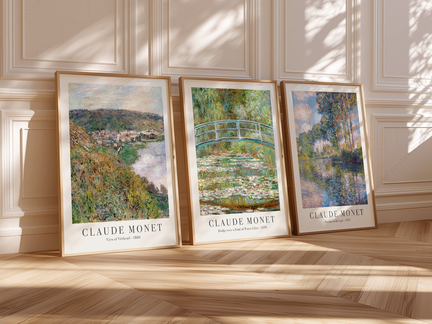 Claude Monet Set of 3 Prints, Bridge Over a Pond, Water Lilies, View of Vetheuil, Poplars on the Epte