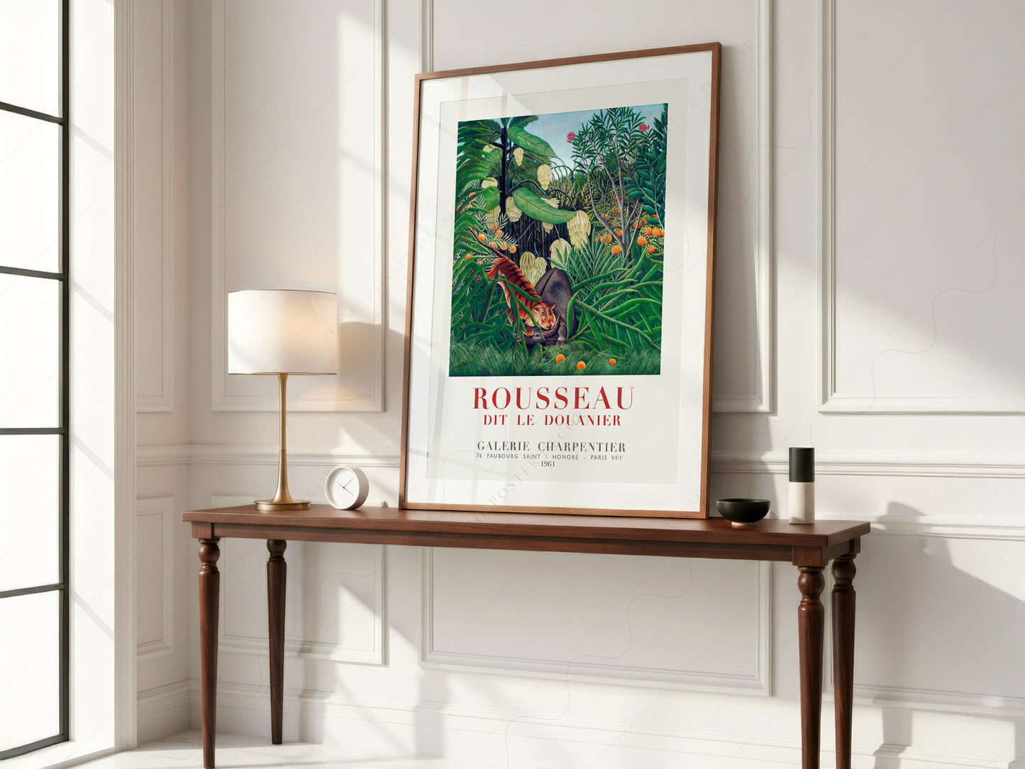 Henri Rousseau Tiger in a Tropical Storm print styled in a mid-century modern dining room